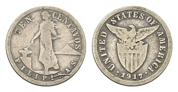 Филиппины 10 сентаво 1917 Администрация США KM 169 серебро 4668-658