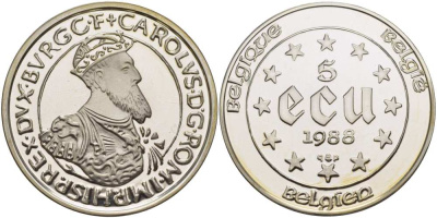 Бельгия 5 экю 1987 30 лет Римскому договору, Карл V Габсбург (1500-1558) KM 166 серебро PROOF 11-171-13