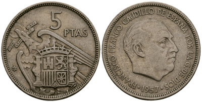 Испания 5 песет 1957 Франсиско Франко (1939-1975) KM 786 медно-никель 4176-446