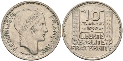 Франция 10 франков 1949 тип Пьер Турин, Petite Tete KM 909.1, Le Franc 362.6 медно-никель 81-1132