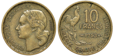 Франция 10 франков 1953 петух KM 915.1, Le Franc 363.8 алюминиевая бронза 51-2536