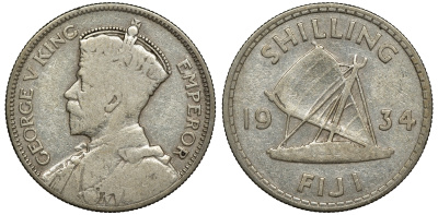 Фиджи 1 шиллинг 1934 Георг V (1910-1936), парусник KM 4 серебро 91-944