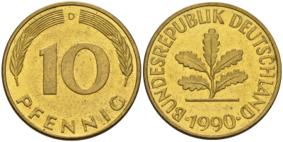 ФРГ 10 пфеннигов 1990 D KM 108, J. 383 сталь плакированная латунью 4163-1252