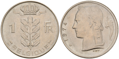 Бельгия 1 франк 1974 Belgique, Бодуэн I (1951-1993) KM 142.1 медно-никель  UNC  4161-1257
