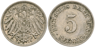 Германия 5 пфеннигов 1908 D KM 11, Jager 12, Weege 6 медно-никель 4364-3646