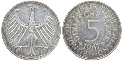 ФРГ 5 марок 1967 F, KM 112.1, J. 387 серебро 4178-912