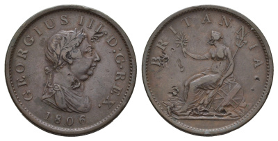 Великобритания 1 пенни 1806 Георг III (1760-1820) Spink 3780, KM 663 медь 4552-515