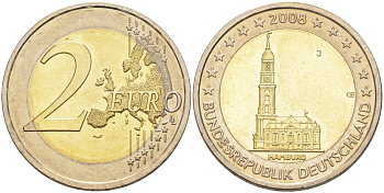 ФРГ 2 евро 2008 J, серия федеральные земли, церковь Св. Михаила в Гамбурге KM 261 биметалл UNC 4111-813