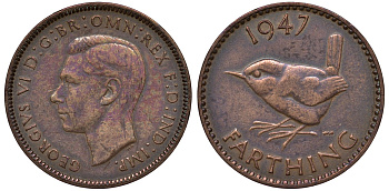 Великобритания 1 фартинг 1947 Георг VI (1936-1952) KM 843, Spink 4116 бронза 4122-713