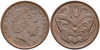 Новая Зеландия 10 центов 2007 маска Маори, Елизавета II (1952-) KM 117а сталь плакированная медью 4579-1256