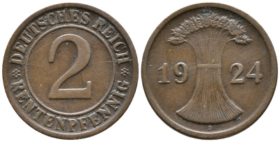 ГЕРМАНИЯ 2 РЕНТЕНПФЕННИГА 1924 D KM 31, J. 307 бронза 24-631