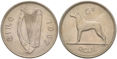 Ирландия 6 пенсов 1967 собака, ирландский волкодав KM 13а медно-никель аUNC 4582-242