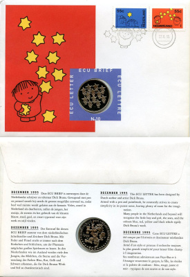 Нидерланды 1 экю 1995 Рождество, в оригинальном конверте, с марками, первый день гашения X 210 медно-никель BU 4-3-8-30