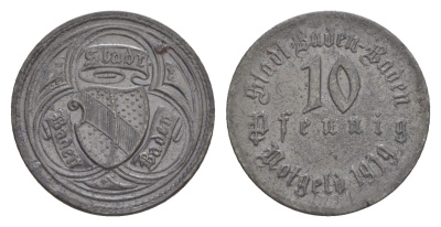 Баден-Баден 10 пфеннигов 1919 Funck 26.1, Men05 1200.1, Men18 1558.1 цинк 4636-868