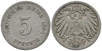 ГЕРМАНИЯ 5 ПФЕННИГОВ 1894 A KM 11, J. 12 медно-никель 39-711