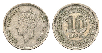 Британская Малайя 10 центов 1948 Георг VI (1936-1952) KM 8 медно-никель 4659-1236