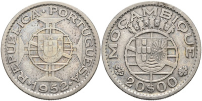 Португальский Мозамбик 20 эскудо 1952 KM 80 серебро 4572-426