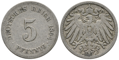 ГЕРМАНИЯ 5 ПФЕННИГОВ 1894 A KM 11, J. 12 медно-никель 39-711