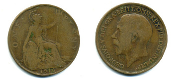 Великобритания 1 пенни 1916 Георг V (1910-1936) КМ 810, Spink 4051 бронза 41-135