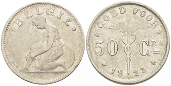 БЕЛЬГИЯ 50 САНТИМОВ 1923 BELGIE KM 88 никель 261-1661