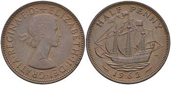 Великобритания 1/2 пенни 1962 Елизавета II (1952-2022) KM 896, Spink 4158 бронза 4592-416