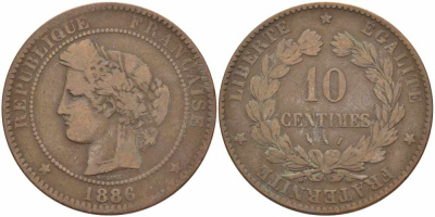 ФРАНЦИЯ 10 САНТИМОВ 1886 A, ТРЕТЬЯ РЕСПУБЛИКА (1871-1940) KM 815.1, LA FRANC 135.30 бронза 97-1012