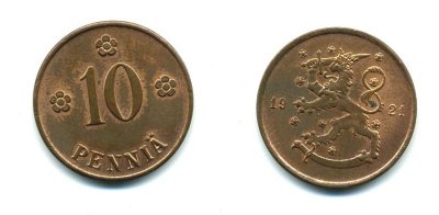 Финляндия 10 пенни 1921 республика (1918-1962) KM 24 медь 46-348
