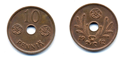 ФИНЛЯНДИЯ 10 ПЕННИ 1942 KM 33.1 медь 51-5023