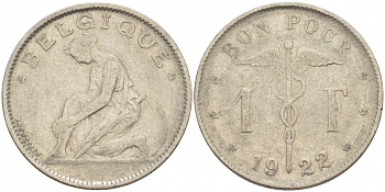 Бельгия 1 франк 1922 Belgique, Альберт I (1910-1934) KM 89 никель 261-1011
