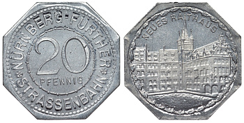 Германия, Нюрнберг - Фюрт 20 пфеннигов ND трамвайный жетон, новая ратуша алюминий UNC 4119-724