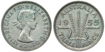 Австралия 3 пенса 1955 m, Елизавета II (1952-2022) KM 57 серебро 71-445