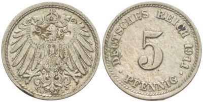Германия 5 пфеннигов 1911 D KM 11, J. 12, Weege 6 медно-никель 105-154