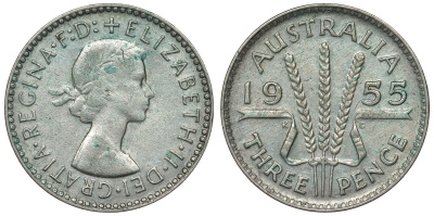 Австралия 3 пенса 1955 m, Елизавета II (1952-2022) KM 57 серебро 71-445
