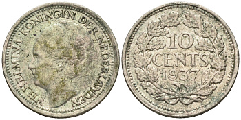 Нидерланды 10 центов 1937 Вильгельмина I (1890-1948) КМ 163 серебро  4169-232
