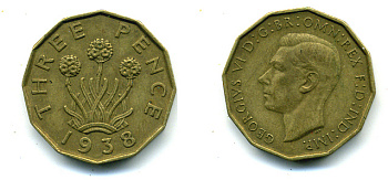 Великобритания 3 пенса 1938 Георг VI (1936-1952) KM 849, Spink 4112 никель латунь 89-613