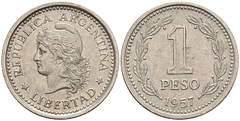 Аргентина 1 песо 1957 голова свободы влево KM 57, Schon 57 сталь плакированная никелем    60-1013
