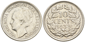 Нидерланды 10 центов 1939 Вильгельмина I (1890-1948) КМ 163 серебро  UNC  4602-527