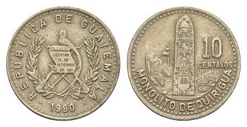 Гватемала 10 сентаво 1990 монолиты Киригуа KM 277.5 медно-никель 4613-237