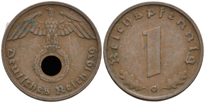 Германия 1 рейхспфенниг 1939 G KM 89, J 361 бронза 4136-1239