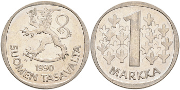 ФИНЛЯНДИЯ 1 МАРКА 1990 M KM 49а медно-никель UNC 4556-837