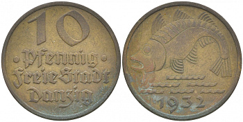 Данциг 10 пфеннигов 1932 рыба J. D 13, KM 152 алюминиевая бронза    68-546