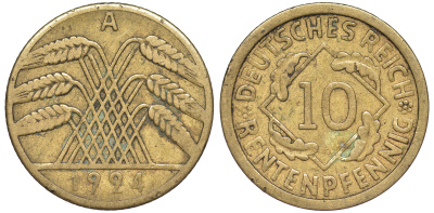 Германия 10 рентенпфеннигов 1924 A KM 33, J. 309 алюминиевая бронза 4604-635