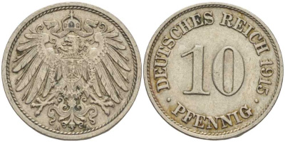 ГЕРМАНИЯ 10 ПФЕННИГОВ 1915 A KM 12, J. 13 медно-никель 65-954