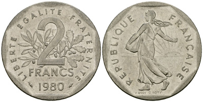 Франция 2 франка 1980 сеятель KM 942.1, Le Franc 272.3 никель 4120-1111