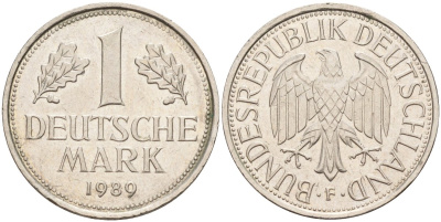 ФРГ 1 марка 1989 F KM 110, J. 385 медно-никель 4182-1045