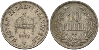Венгрия 10 филлеров 1908 KB, Франц Иосиф I (1848-1916) KM 482 никель 4151-1112