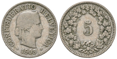 Швейцария 5 раппенов 1903 B KM 26 медно-никель 39-146
