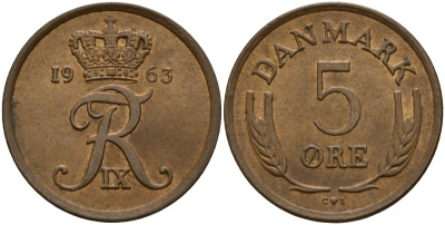 Дания 5 эре 1963 С; S, Фредерик IX (1947-1972) KM 848 бронза 4156-1033