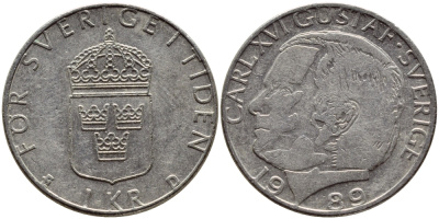 Швеция 1 крона 1989 Карл XVI Густав (1973- ) KM 852a медно-никель 4397-1241