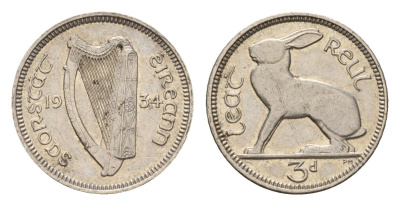 Ирландия 3 пенса 1934 заяц KM 4 никель 4655-447